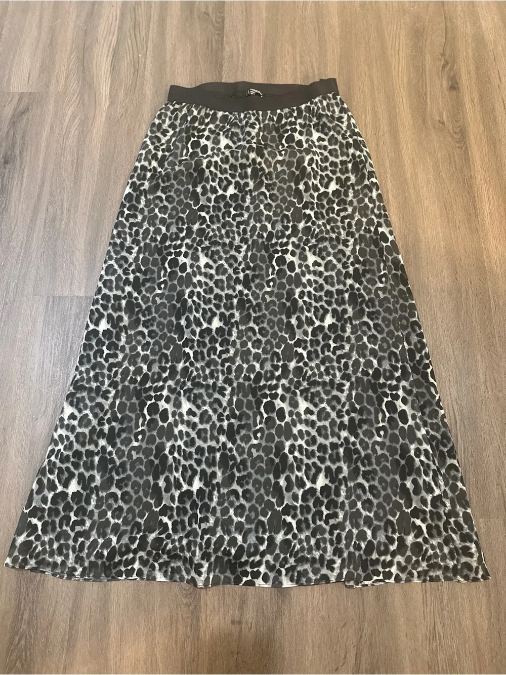 Gray Leopard Print Satin Slip Maxi Skirt Animal Print Elastic Waist M